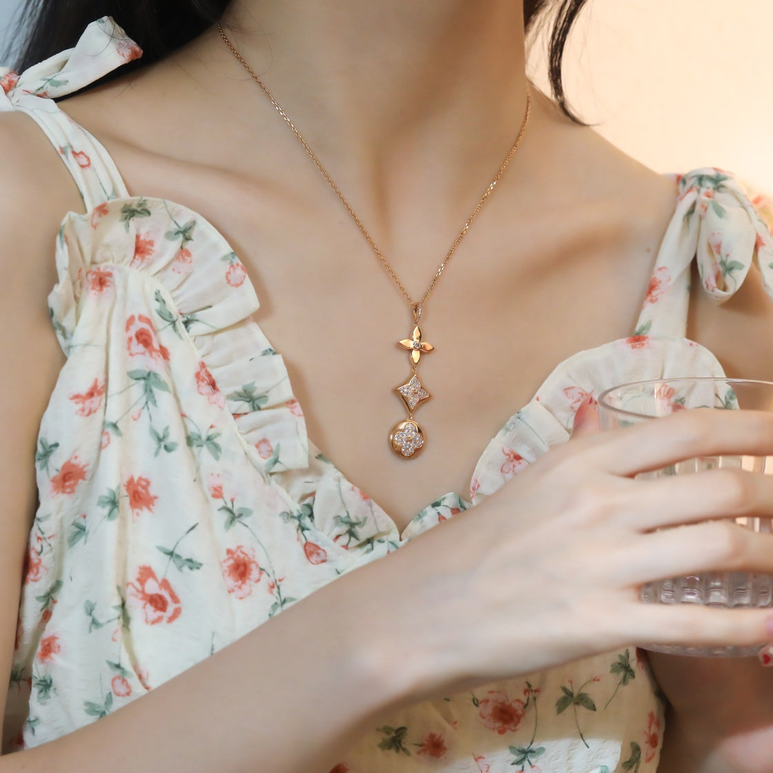 [AuraEcho Jewelry]STAR AND SUN DIAMOND PINK GOLD NECKLACE