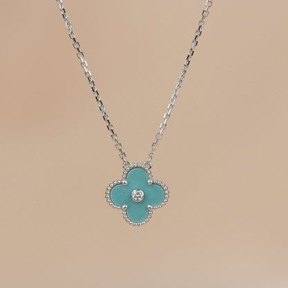 [AuraEcho Jewelry]CLOVER 15MM DIAMOND SVRES PORCELAIN  NECKLACE SILVER